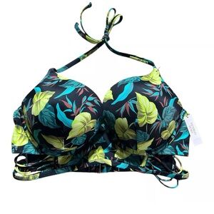 Victoria’s Secret Swim Top Size 34A Black Floral Leaves Padded New